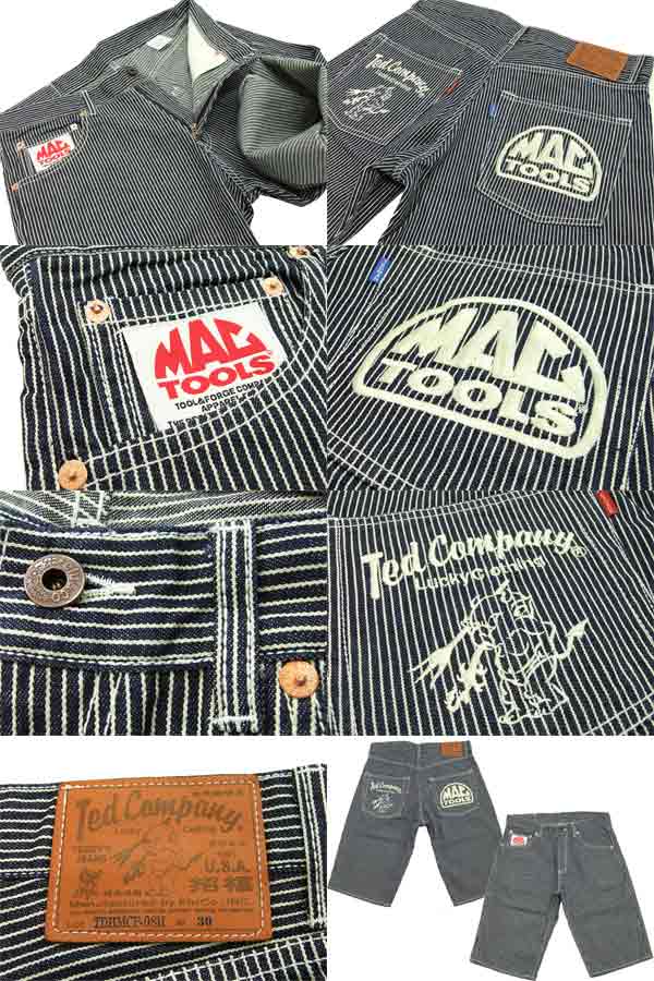 TEDMAN×MAC TOOLSヒッコリー ハーフパンツ インディゴ 白 W34